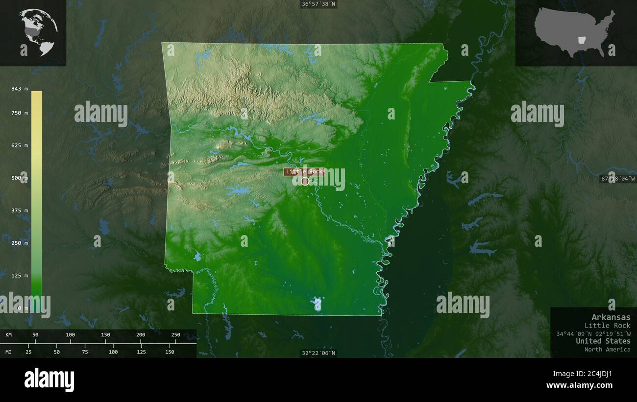 Arkansas, stato degli Stati Uniti. Dati di shader colorati con laghi e fiumi. Forma presentata contro la sua area di paese con overlay informativi. Re 3D Foto Stock