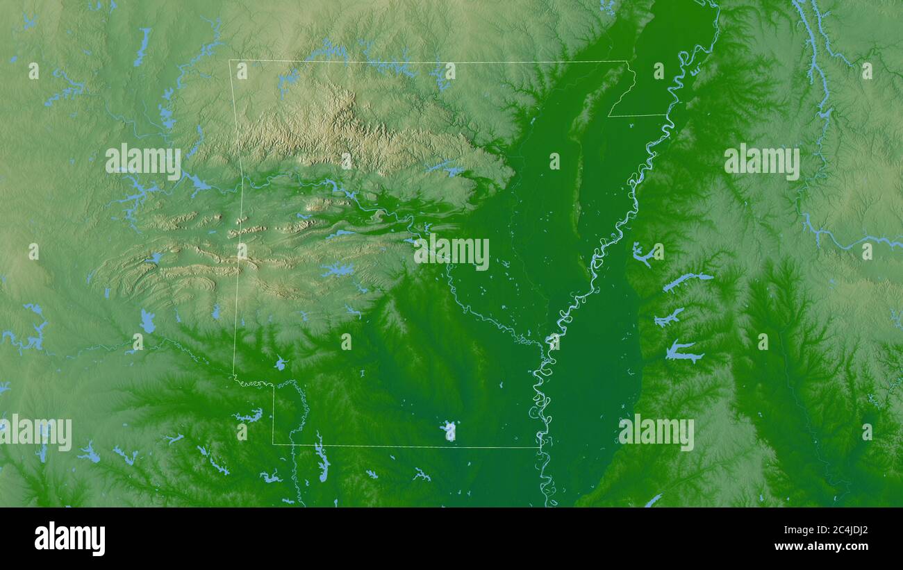 Arkansas, stato degli Stati Uniti. Dati di shader colorati con laghi e fiumi. Forma delineata rispetto alla sua area di paese. Rendering 3D Foto Stock