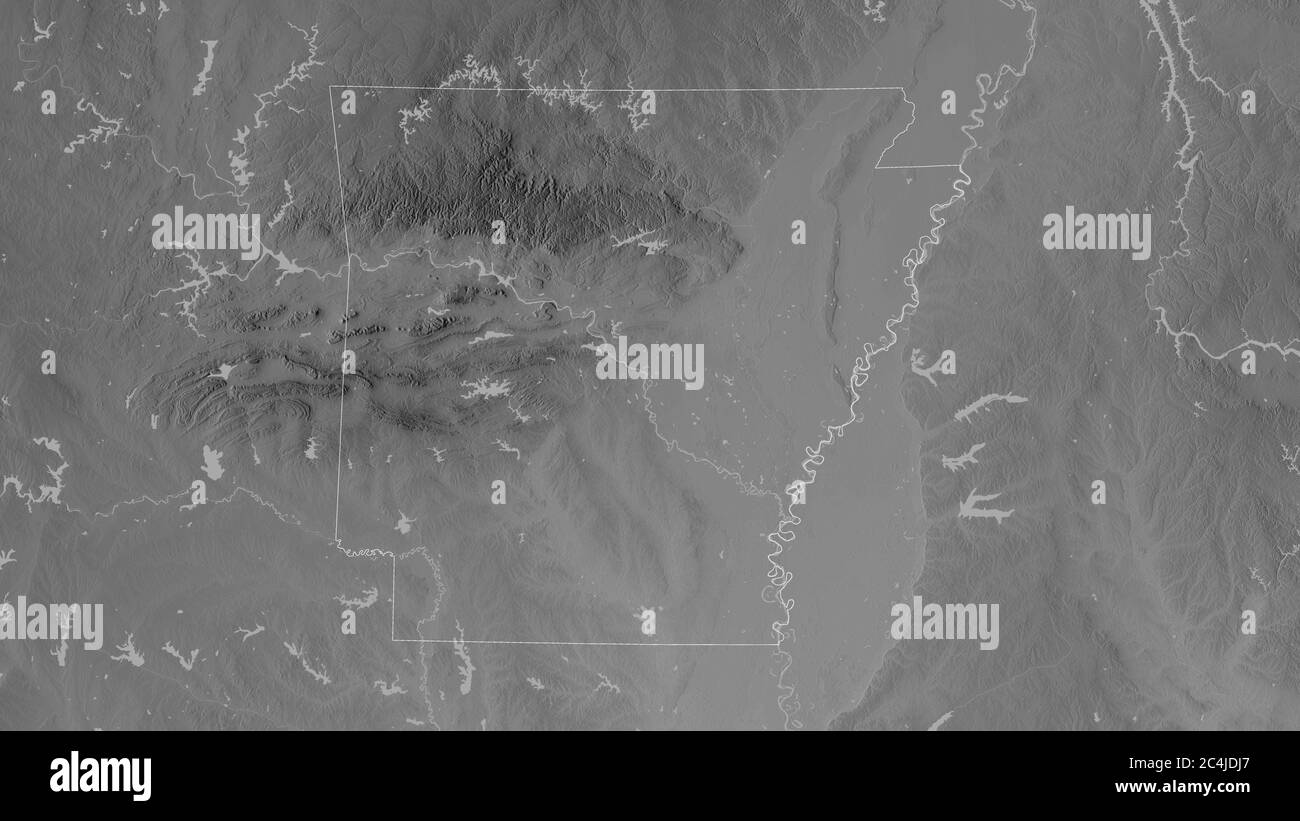 Arkansas, stato degli Stati Uniti. Mappa in scala di grigi con laghi e fiumi. Forma delineata rispetto alla sua area di paese. Rendering 3D Foto Stock