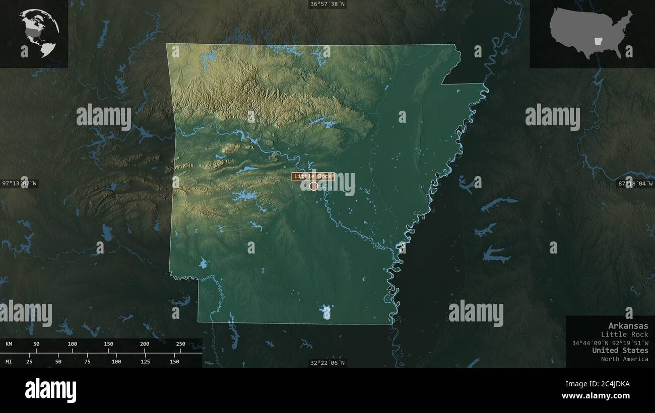 Arkansas, stato degli Stati Uniti. Rilievo colorato con laghi e fiumi. Forma presentata contro la sua area di paese con overlay informativi. Rendering 3D Foto Stock