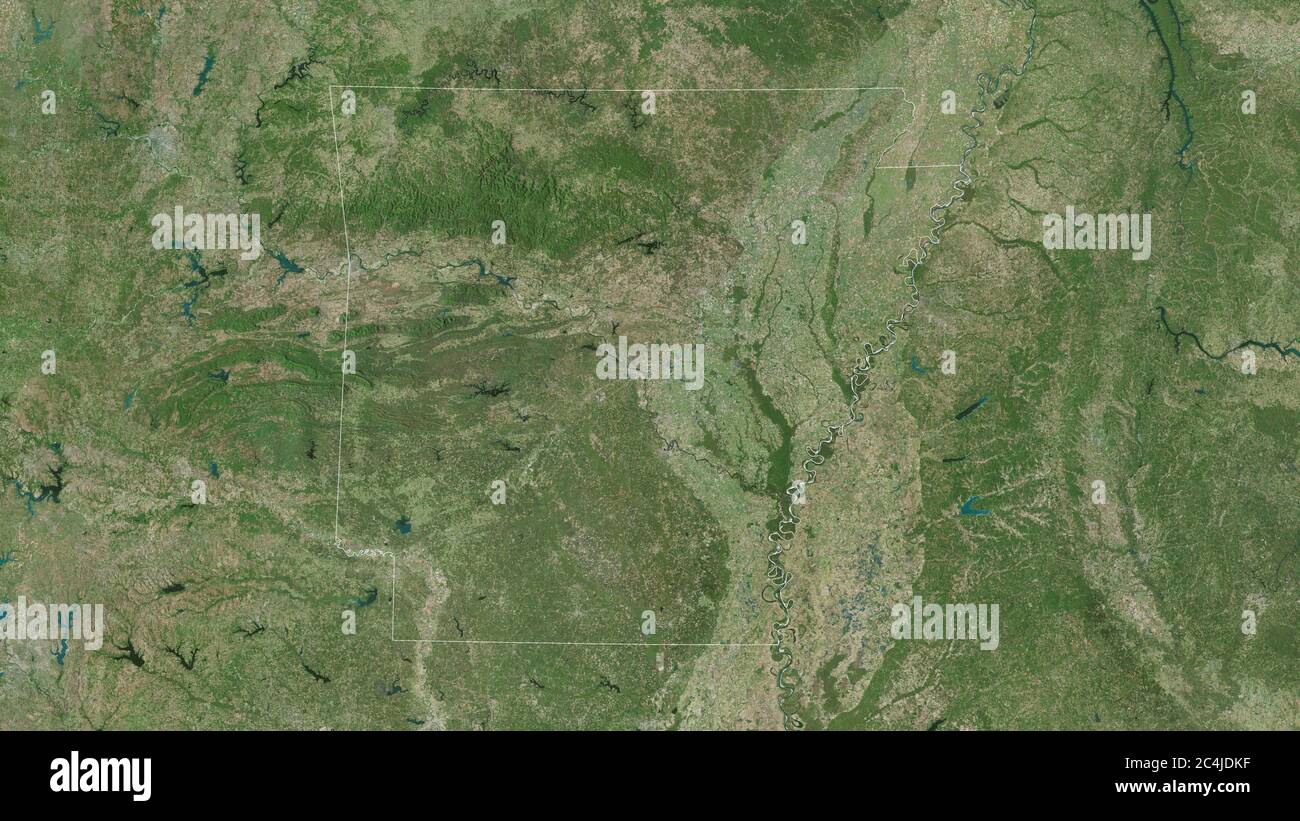 Arkansas, stato degli Stati Uniti. Immagini satellitari. Forma delineata rispetto alla sua area di paese. Rendering 3D Foto Stock