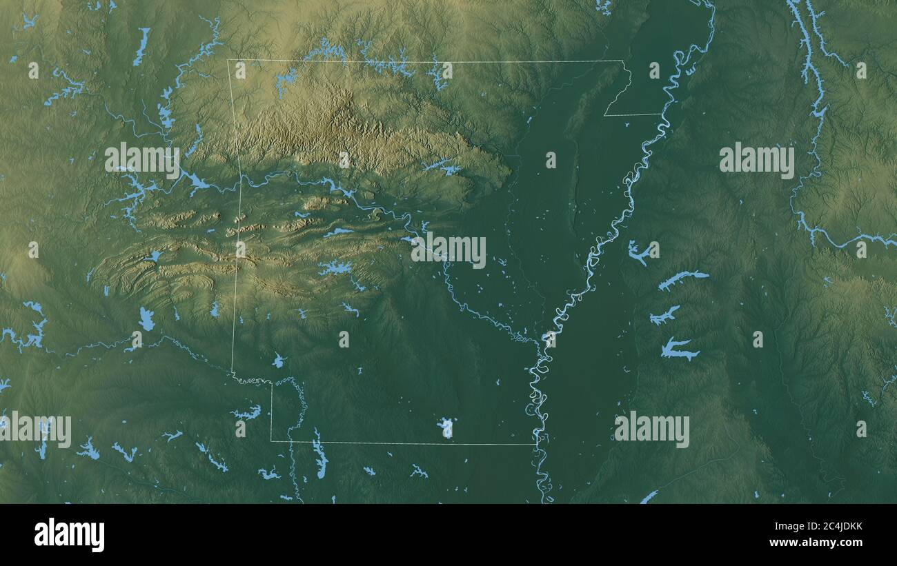Arkansas, stato degli Stati Uniti. Rilievo colorato con laghi e fiumi. Forma delineata rispetto alla sua area di paese. Rendering 3D Foto Stock