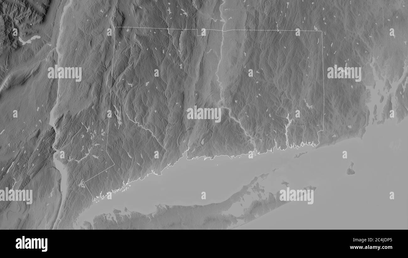 Connecticut, stato degli Stati Uniti. Mappa in scala di grigi con laghi e fiumi. Forma delineata rispetto alla sua area di paese. Rendering 3D Foto Stock