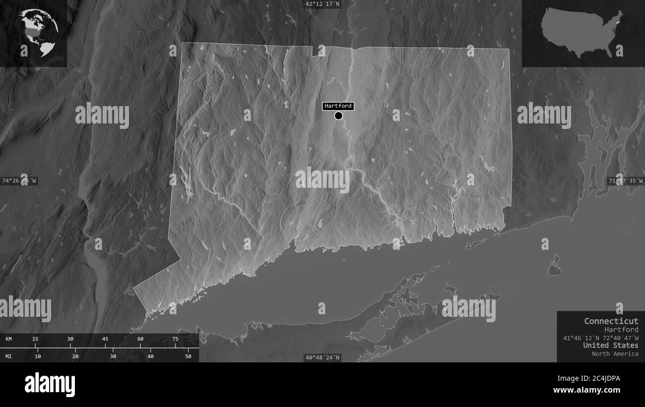 Connecticut, stato degli Stati Uniti. Mappa in scala di grigi con laghi e fiumi. Forma presentata contro la sua area di paese con overlay informativi. 3D rend Foto Stock