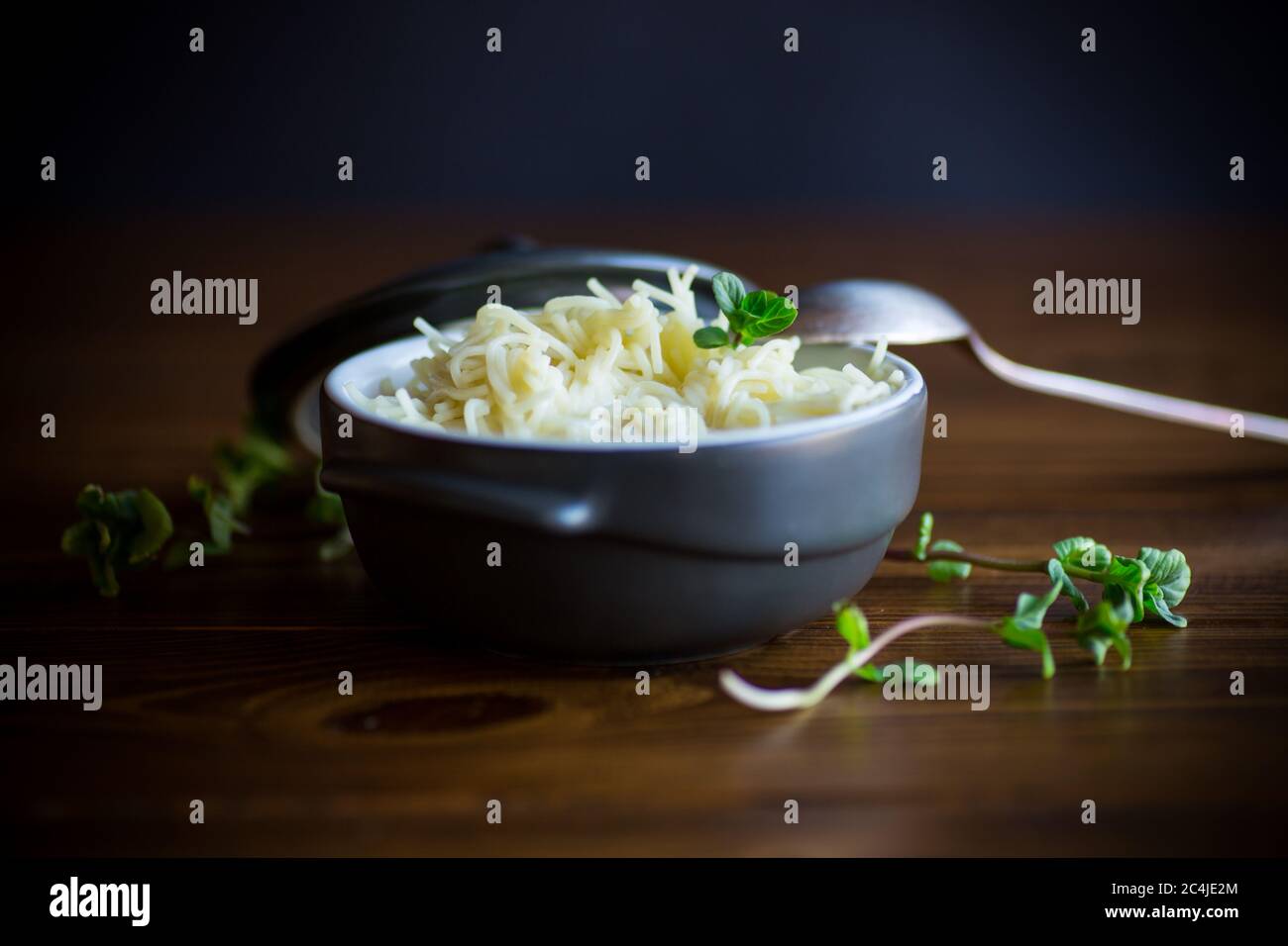 vermicelli bolliti e dolci con latte in una ciotola di ceramica Foto Stock