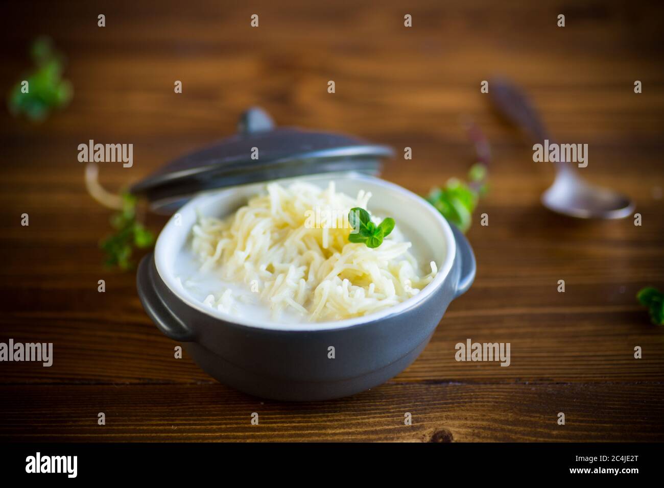 vermicelli bolliti e dolci con latte in una ciotola di ceramica Foto Stock