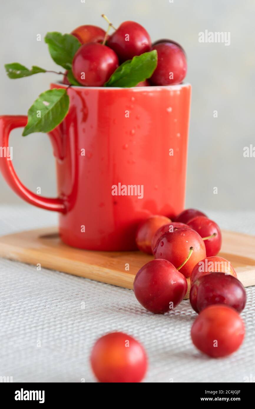 Prugne fresche in tazza rossa, cibi dolci sani Foto Stock