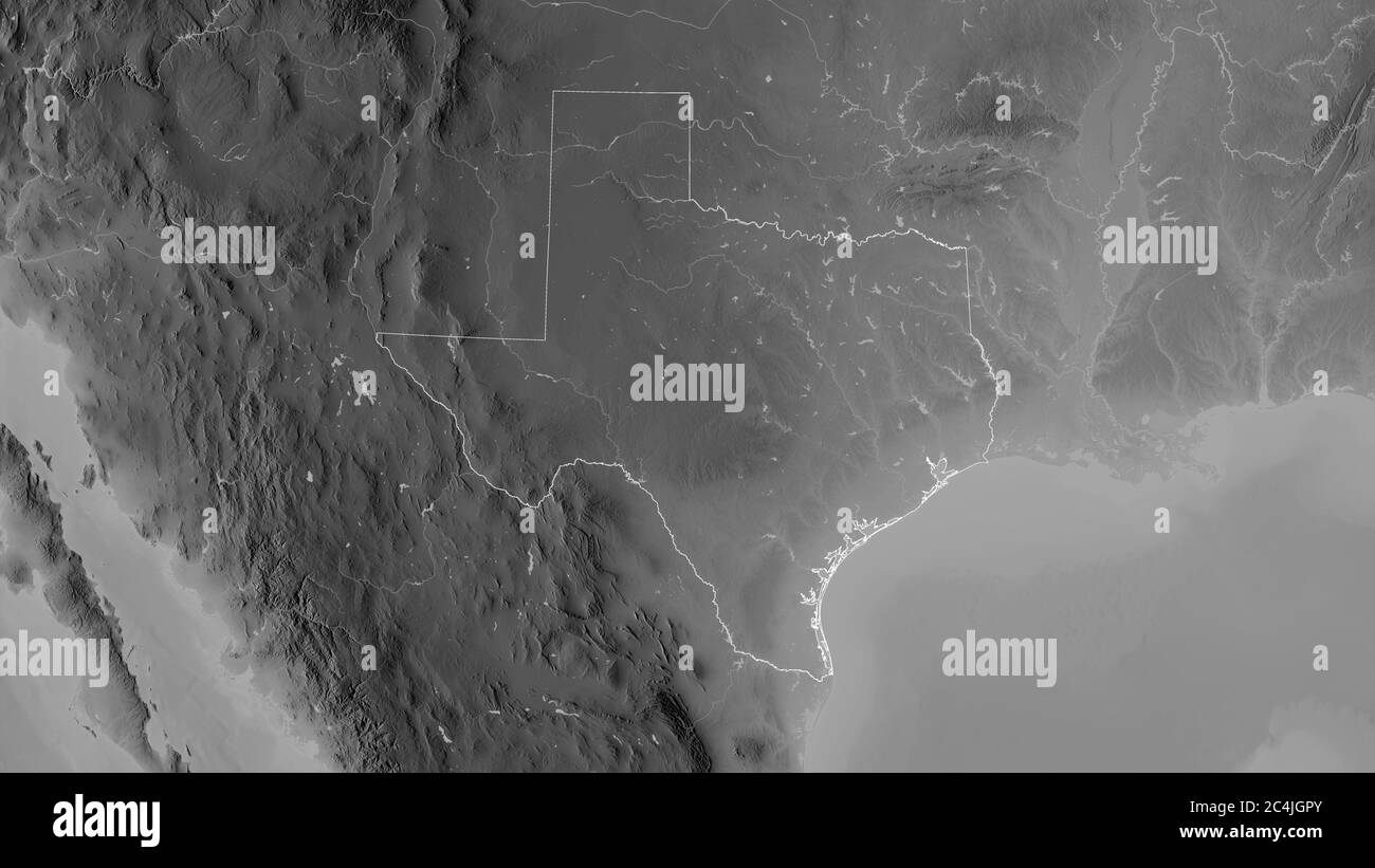 Texas, stato degli Stati Uniti. Mappa in scala di grigi con laghi e fiumi. Forma delineata rispetto alla sua area di paese. Rendering 3D Foto Stock