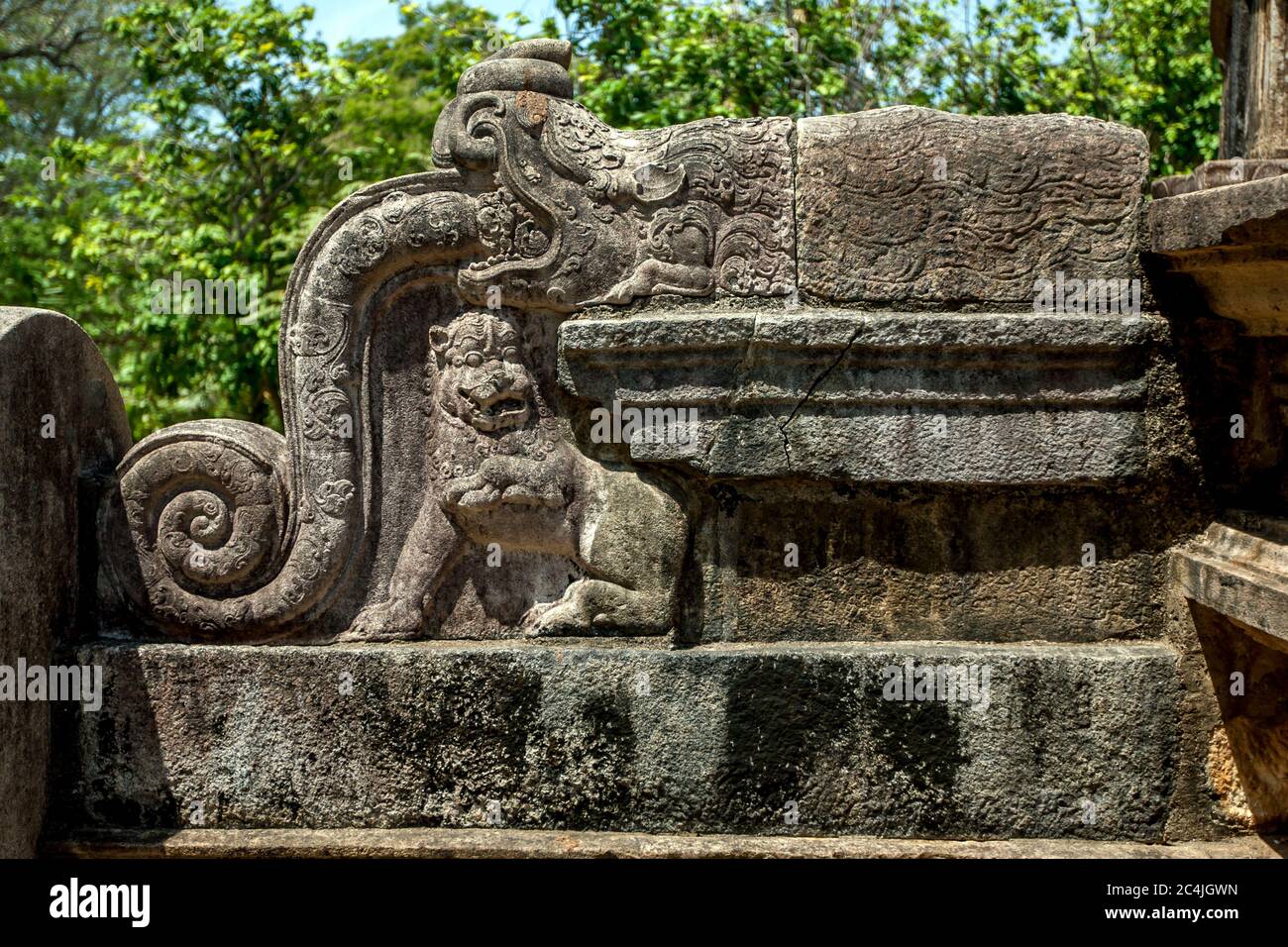 La balaustra Korawakgala o Makara Gala (pietra drago) adiacente alla scalinata del Vatadage a Polonnaruwa in Sri Lanka. Foto Stock