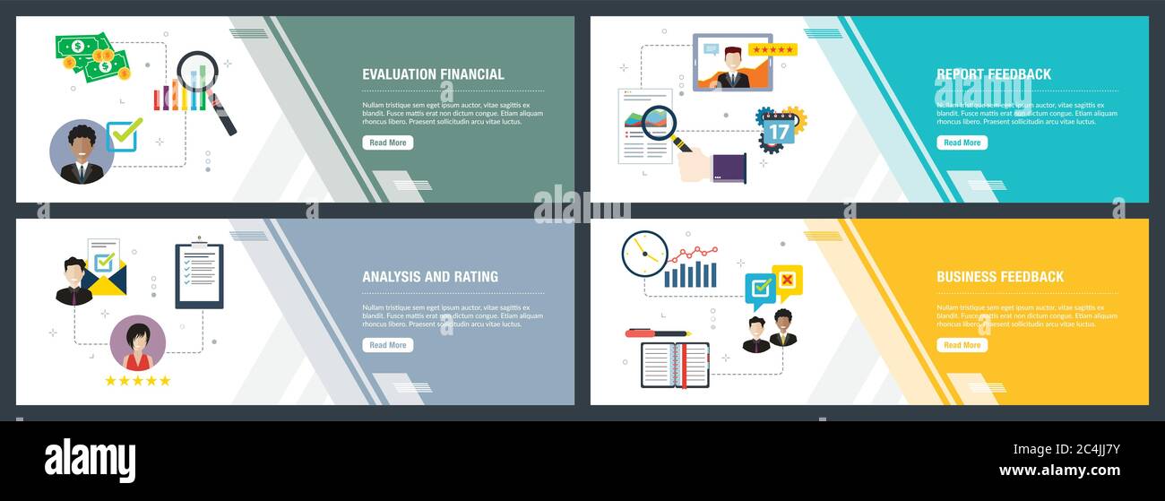 Banner Web concetto nel vettore con la valutazione finanziaria, feedback report, analisi e classificazione, business feedback. Il sito internet di concetto di banner con Illustrazione Vettoriale