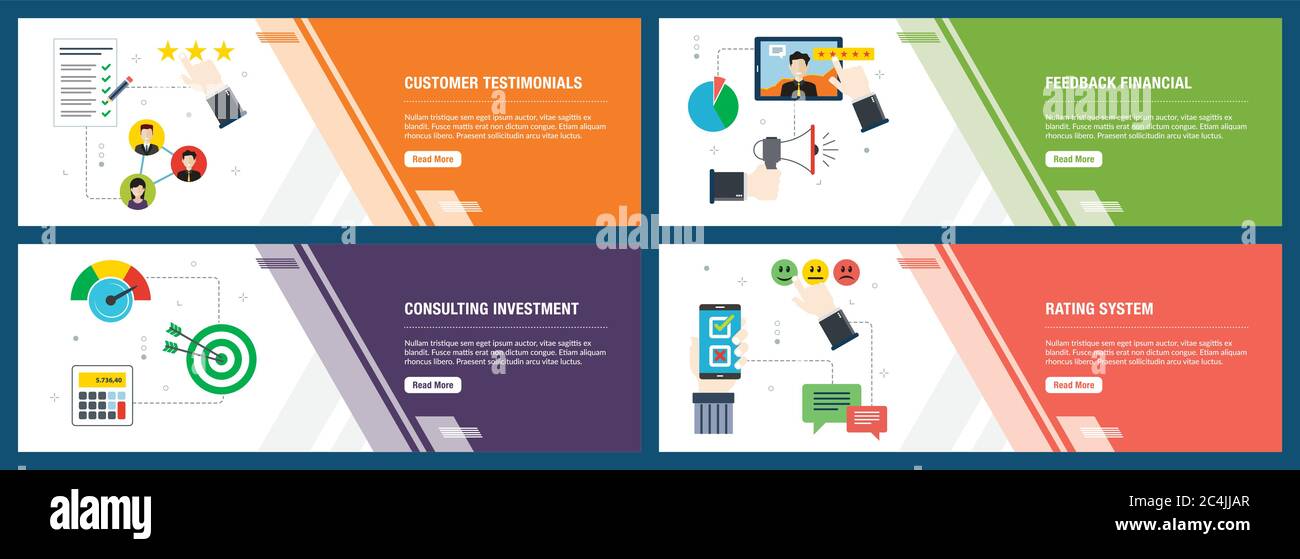 Banner Web concetto nel vettore con le testimonianze dei clienti feedback, finanziari, di consulenza agli investimenti e sistema di rating. Il sito internet di concetto di intestazione Illustrazione Vettoriale