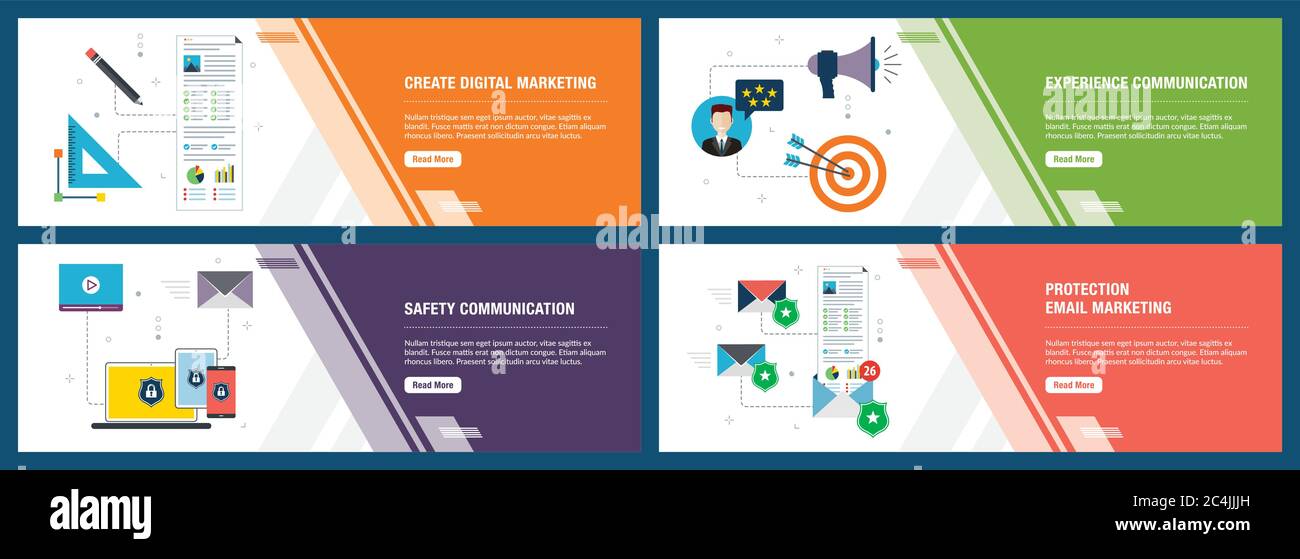Set di vettore verticale di banner per il web con il marketing digitale, di esperienze e di comunicazione per la sicurezza, protezione e-mail marketing.Vettore modello di pagina di intestazione per Illustrazione Vettoriale