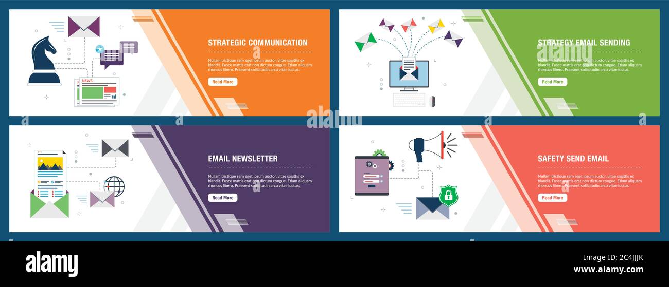 Set di vettore di verticale banner web con comunicazione, strategia di invio e-mail, newsletter e sicurezza invio di messaggi di posta elettronica.Vettore modello di banner per il sito web e Illustrazione Vettoriale