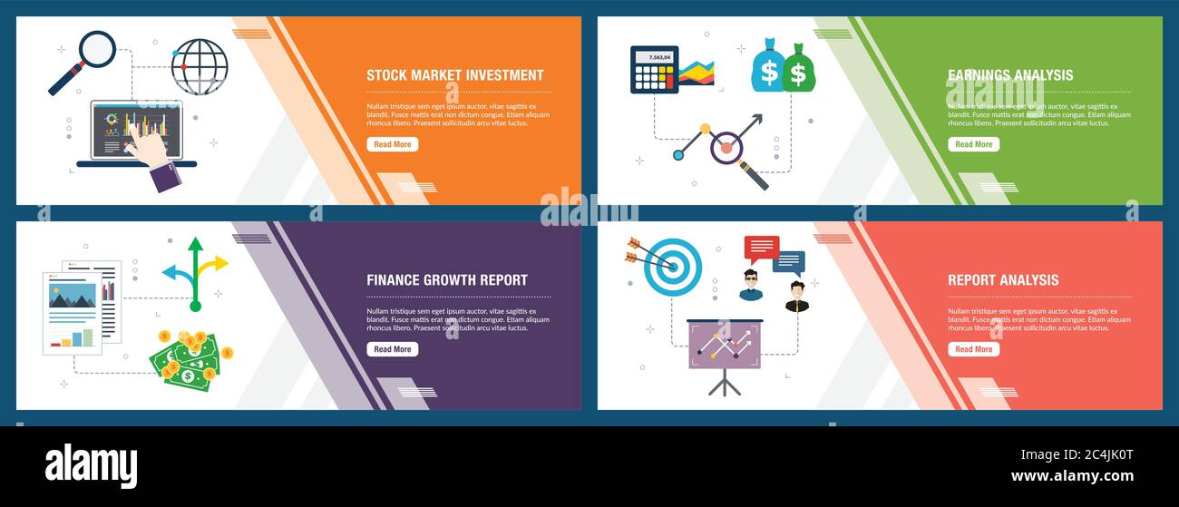 Set di vettore verticale di banner per il web con il mercato azionario Investimenti, guadagni analisi, finanziare la crescita, report di analisi. Vettore modello di banner per il sito Illustrazione Vettoriale