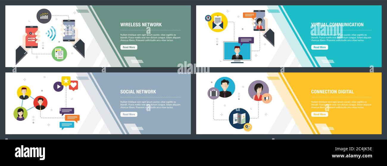 Set di vettore verticale di banner per il web con la rete senza fili, comunicazioni virtuali, social network, connessione digitale. Vettore modello di banner per il sito Illustrazione Vettoriale