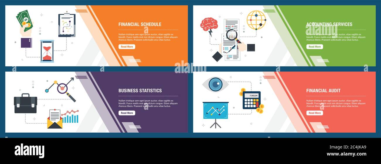 Set di vettore verticale di banner per il web con la pianificazione finanziaria, servizi di contabilità e statistiche commerciali, audit finanziario. Vector modello di pagina di intestazione per nastri Illustrazione Vettoriale