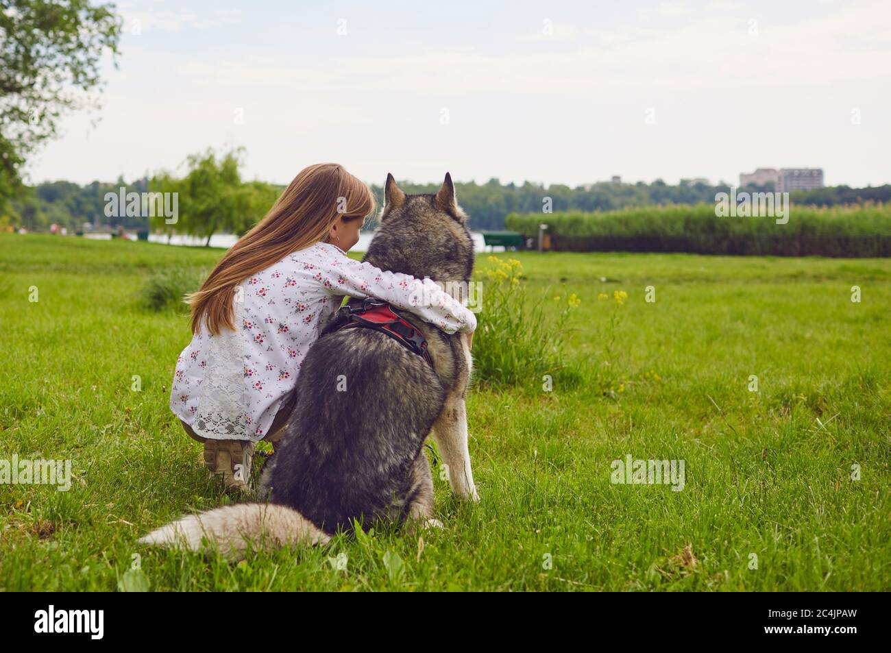 Bambina abbracciando il cane Husky mentre si siede in pulida e godendo di una vista bellissima. Amicizia tra animale domestico e proprietario Foto Stock