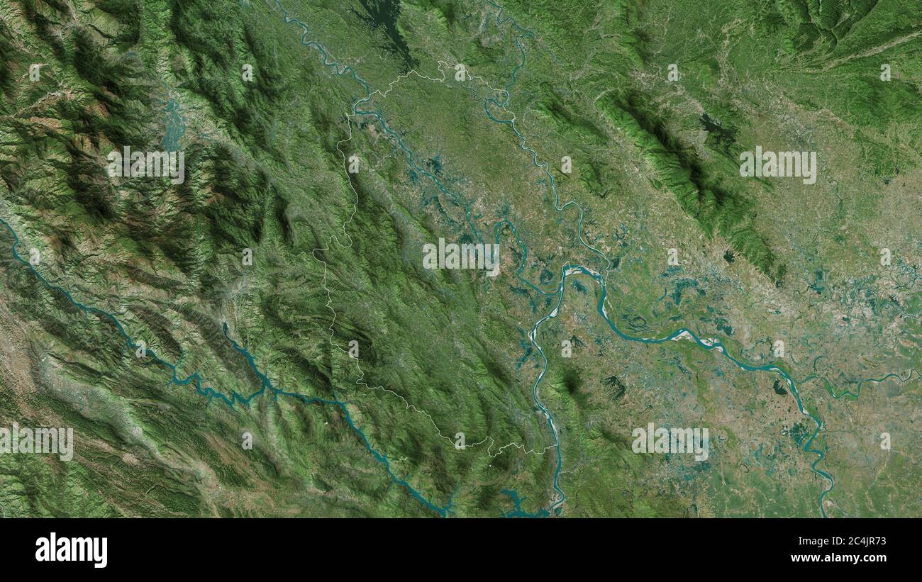 Phú Thọ, provincia del Vietnam. Immagini satellitari. Forma delineata rispetto alla sua area di paese. Rendering 3D Foto Stock