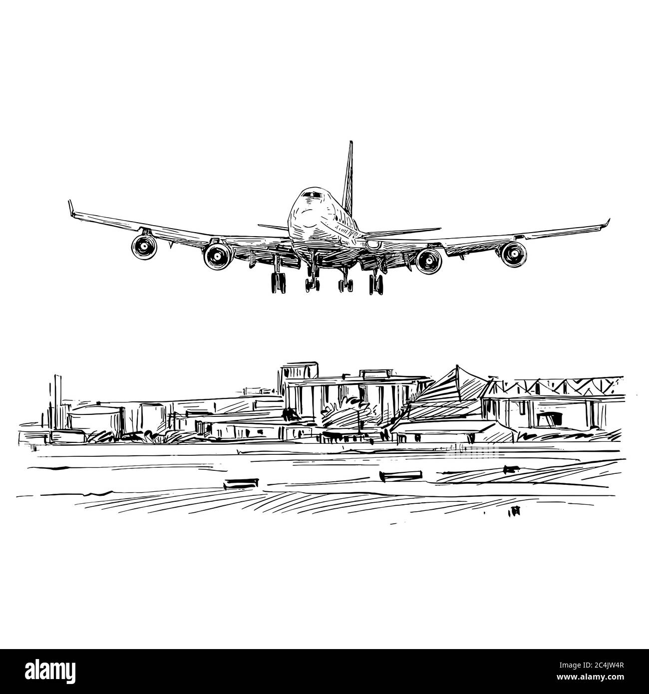 Disegno dell'aereo che atterra all'aeroporto Foto Stock