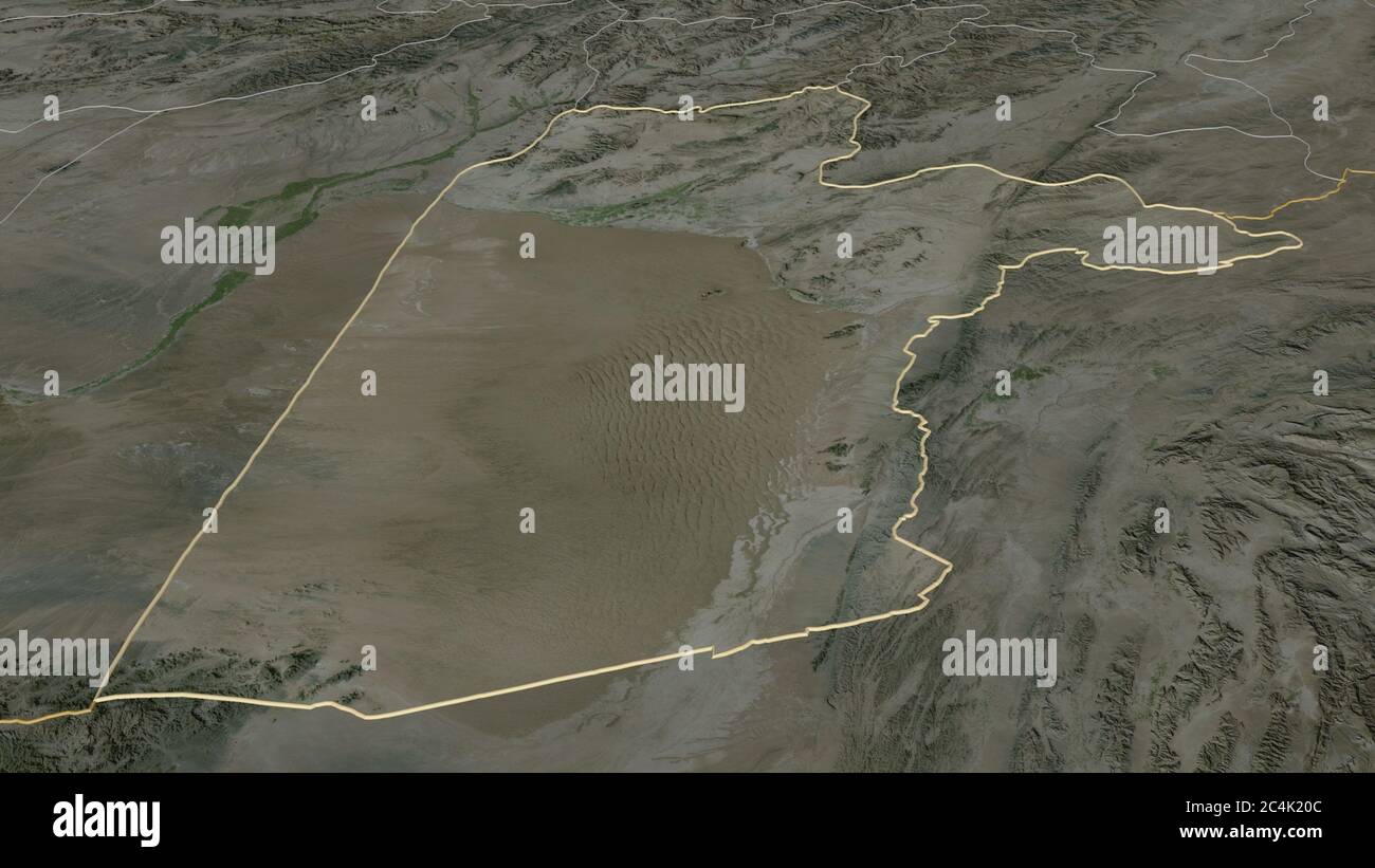 Ingrandisci Kandahar (provincia dell'Afghanistan) delineato. Prospettiva obliqua. Immagini satellitari. Rendering 3D Foto Stock