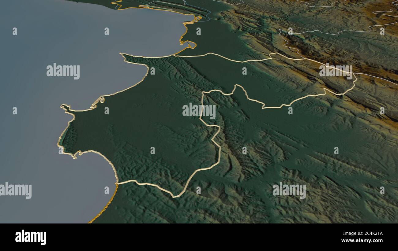 Ingrandisci Durrës (contea dell'Albania). Prospettiva obliqua. Mappa topografica dei rilievi con acque superficiali. Rendering 3D Foto Stock