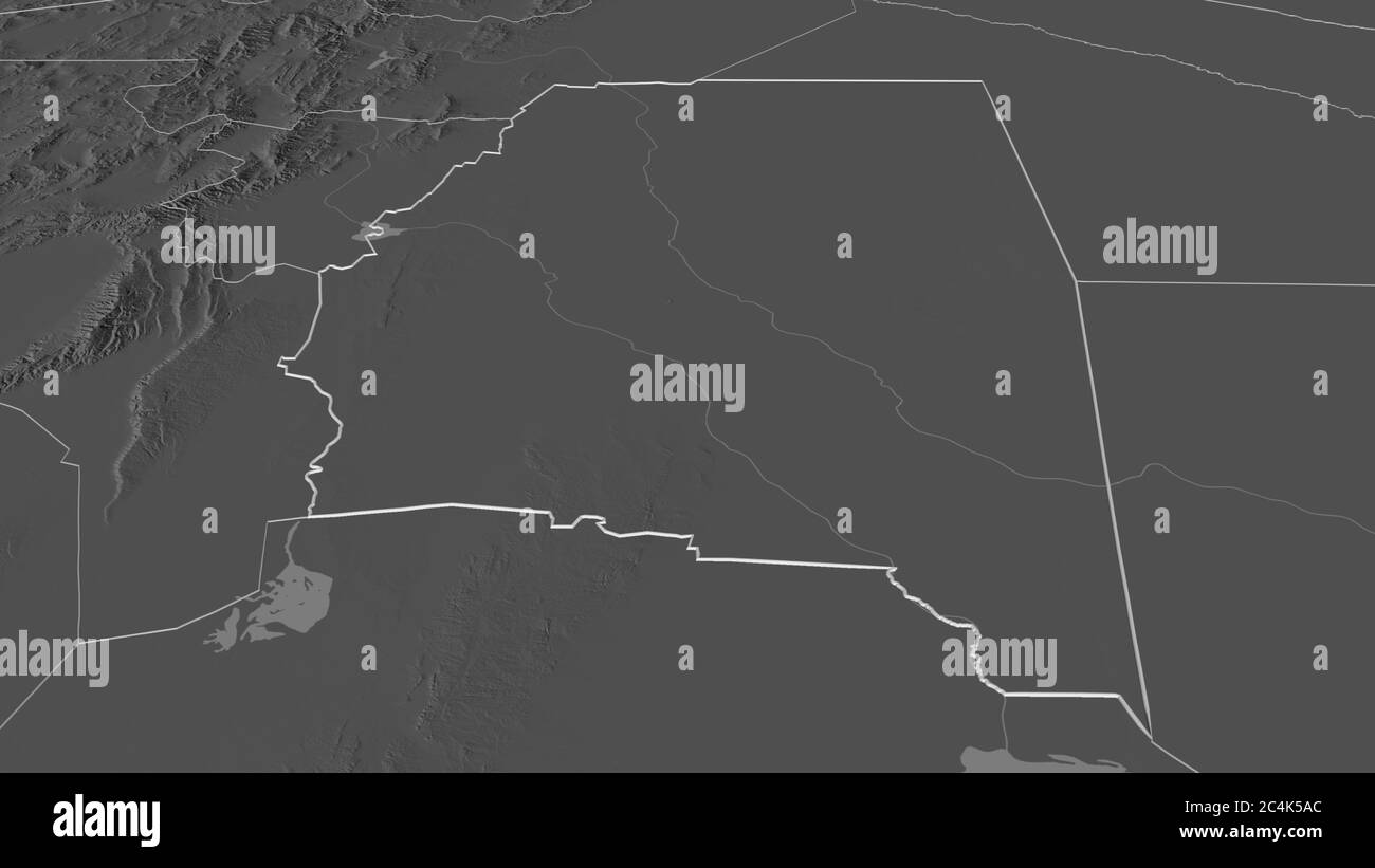 Ingrandisci Santiago del estero (provincia Argentina) delineato. Prospettiva obliqua. Mappa di elevazione bilivello con acque di superficie. Rendering 3D Foto Stock