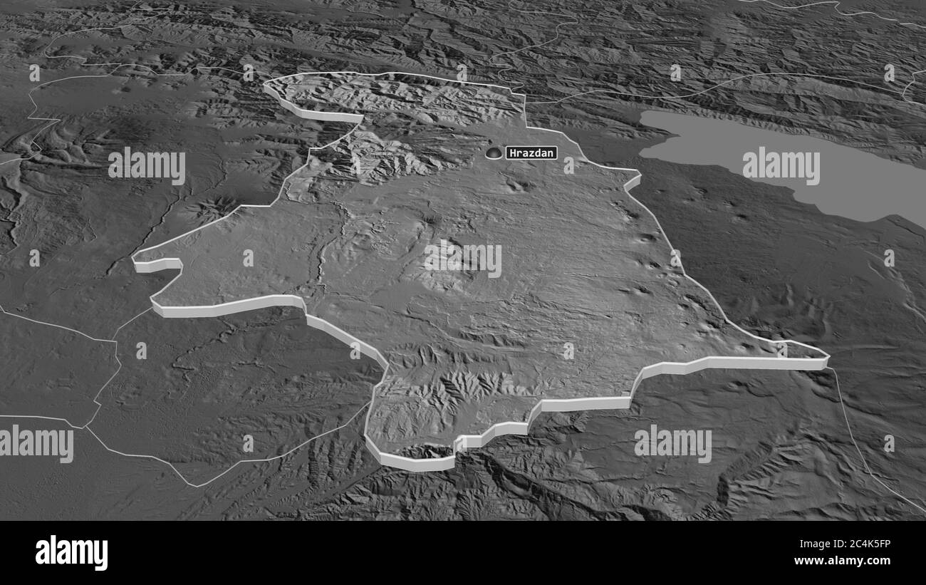 Ingrandisci Kotayk (provincia di Armenia) estruso. Prospettiva obliqua. Mappa di elevazione bilivello con acque di superficie. Rendering 3D Foto Stock