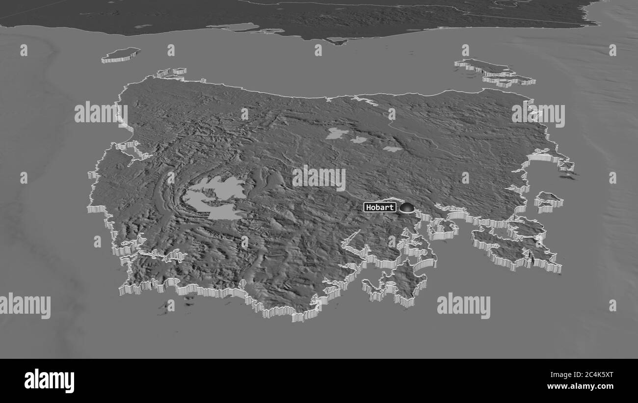 Ingrandisci la Tasmania (stato dell'Australia) estrusa. Prospettiva obliqua. Mappa di elevazione bilivello con acque di superficie. Rendering 3D Foto Stock