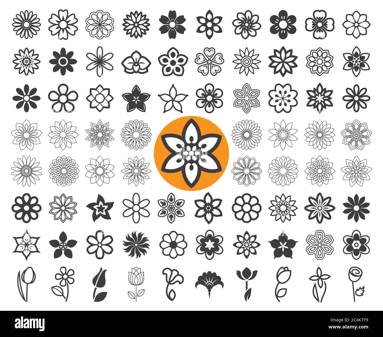 Set di icone floreali e guilloche. Simboli della floricoltura. Illustrazione vettoriale. Illustrazione Vettoriale