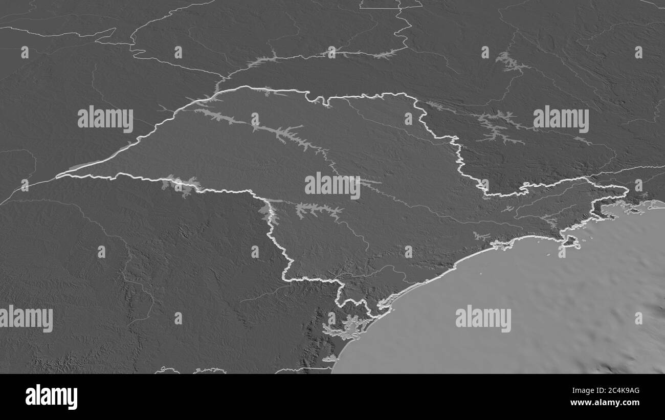 Zoom in su São Paulo (stato del Brasile) delineato. Prospettiva obliqua. Mappa di elevazione bilivello con acque di superficie. Rendering 3D Foto Stock