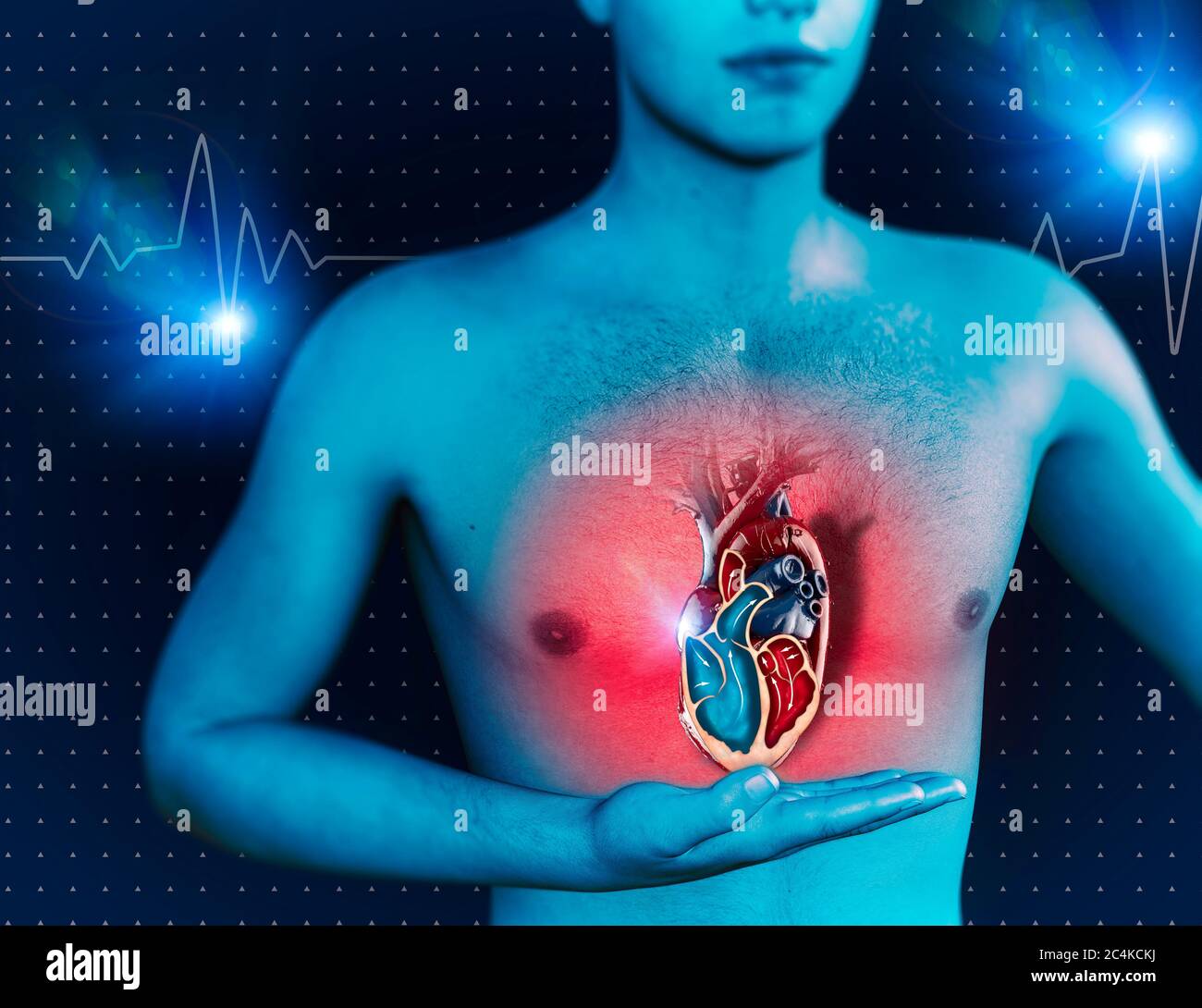 Uomo e cuore, anatomia umana, battito cardiaco e attacco. Esame medico cardiaco, funzionamento cardiaco. rendering 3d Foto Stock