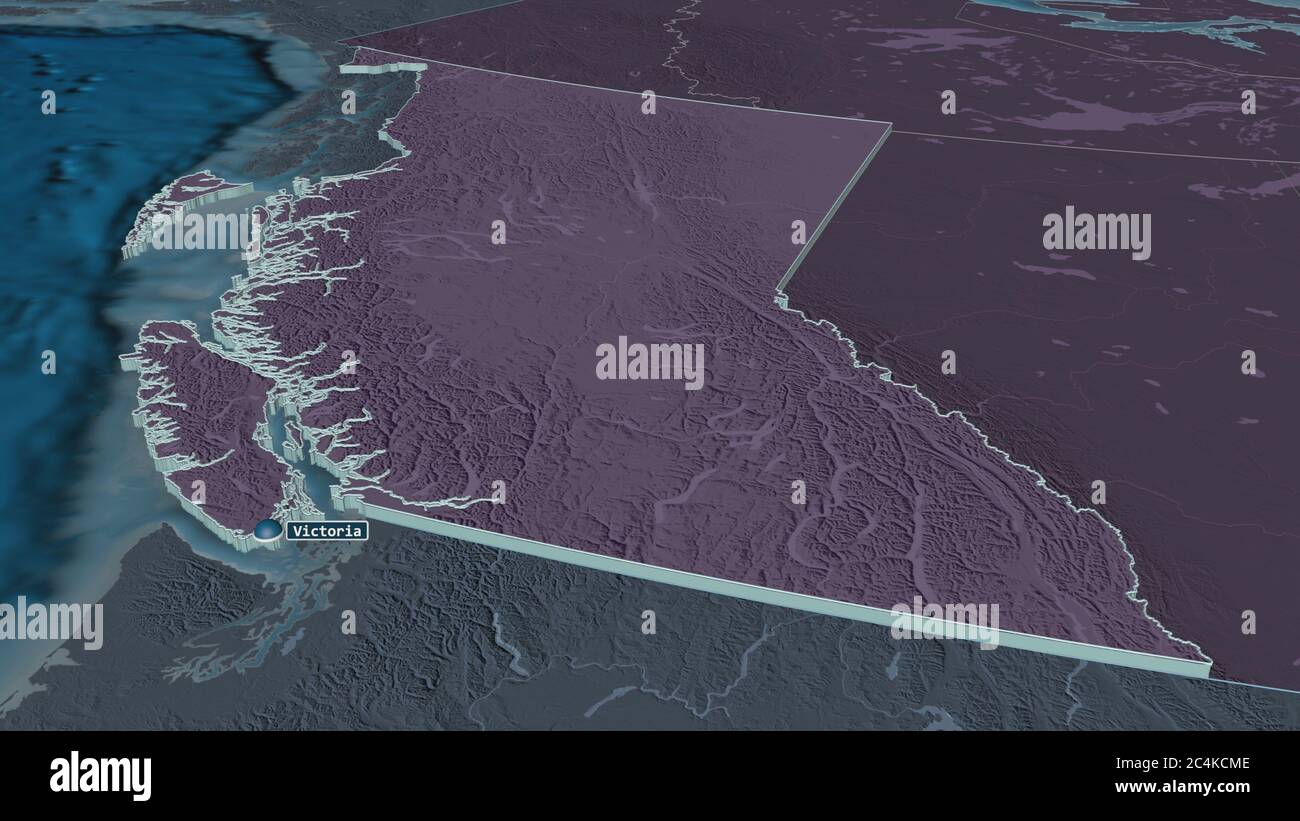 Ingrandisci la Columbia Britannica (provincia del Canada) estrusa. Prospettiva obliqua. Mappa colorata e bombata della divisione amministrativa con superficie wat Foto Stock