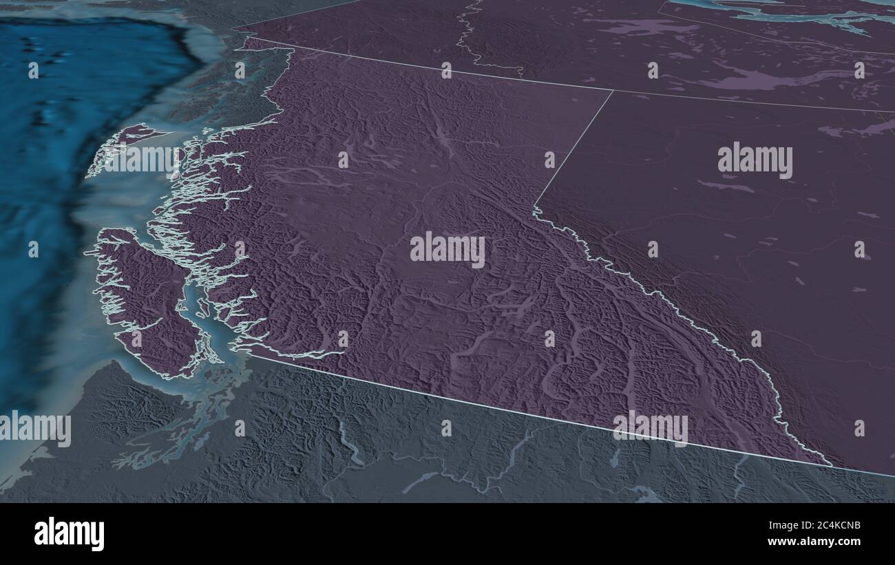 Ingrandisci la Columbia Britannica (provincia del Canada) delineata. Prospettiva obliqua. Mappa colorata e bombata della divisione amministrativa con superficie wat Foto Stock