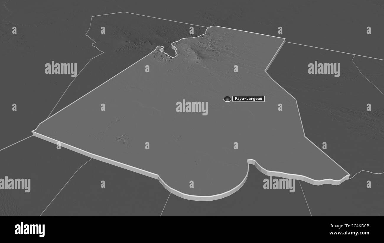 Ingrandisci Borkou (regione del Ciad) estruso. Prospettiva obliqua. Mappa di elevazione bilivello con acque di superficie. Rendering 3D Foto Stock