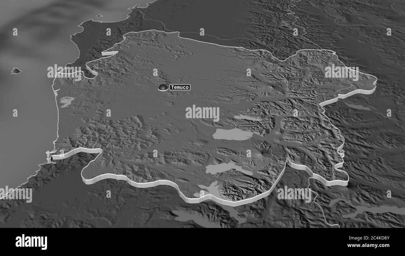 Zoom avanti su Araucanía (regione del Cile) estruso. Prospettiva obliqua. Mappa di elevazione bilivello con acque di superficie. Rendering 3D Foto Stock