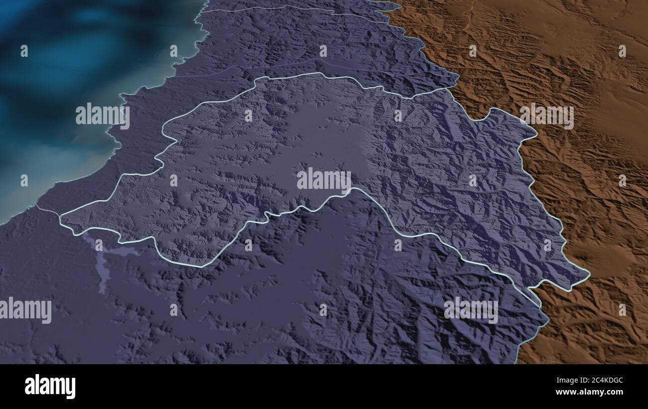 Ingrandisci la cartina della Región Metropolitana di Santiago (regione del Cile). Prospettiva obliqua. Mappa colorata e bombata della divisione amministrativa WIT Foto Stock