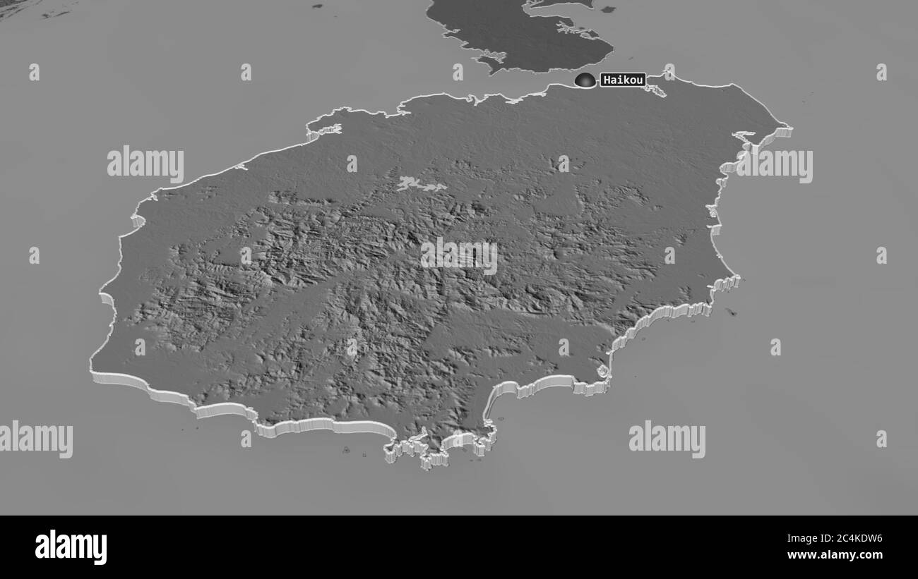 Ingrandisci Hainan (provincia della Cina) estruso. Prospettiva obliqua. Mappa di elevazione bilivello con acque di superficie. Rendering 3D Foto Stock