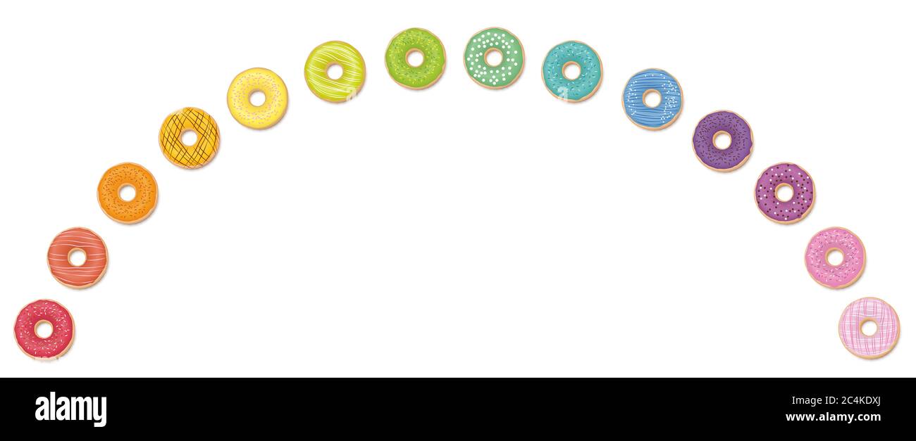 Donut arcobaleno. Ciambelle colorate in un arco - illustrazione su sfondo bianco. Foto Stock