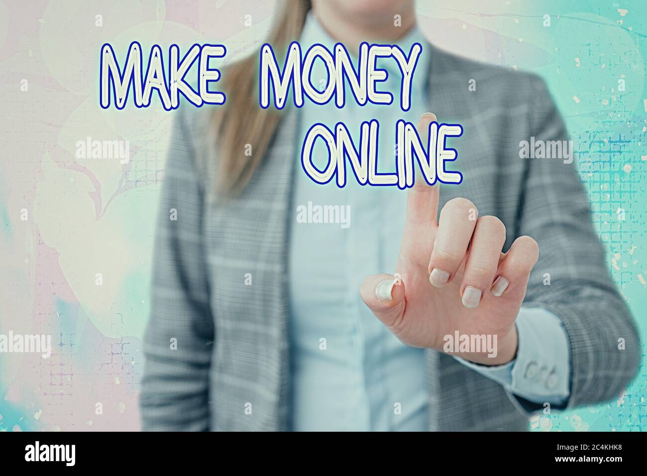 Scrittura di testo a mano Make Money Online. La foto concettuale ottiene paid guadagna contanti con freelancing e web marketing touchscreen applicat digitale Foto Stock