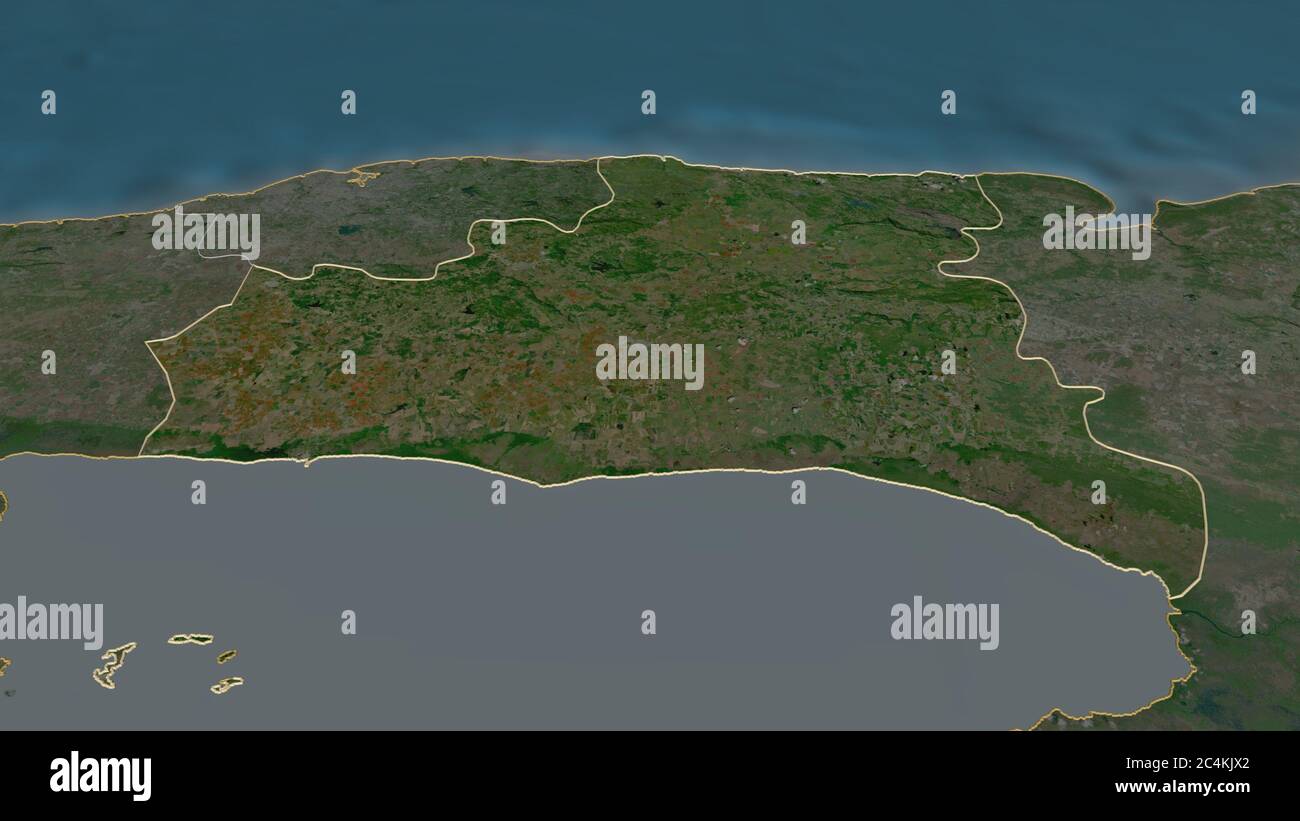 Ingrandisci Mayabeque (provincia di Cuba) delineato. Prospettiva obliqua. Immagini satellitari. Rendering 3D Foto Stock