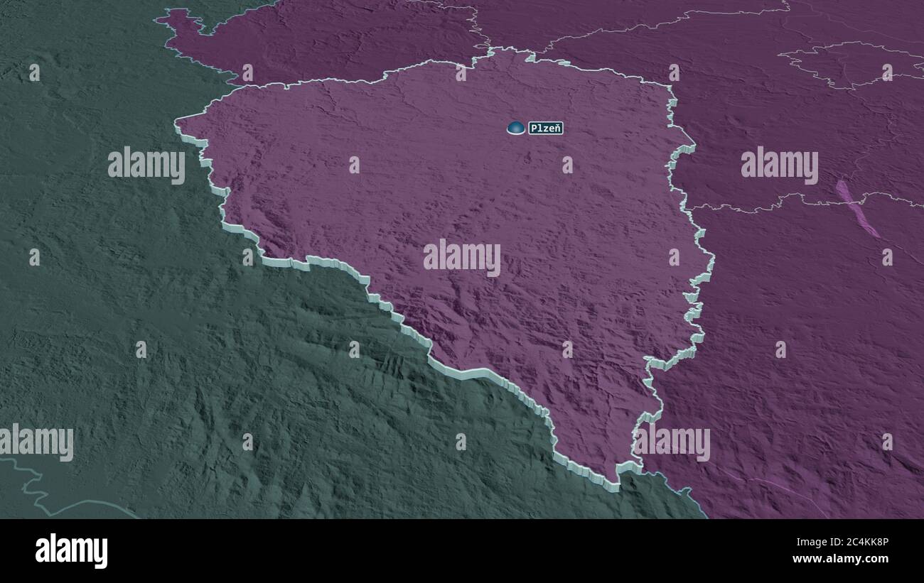 Ingrandire Plzeňský (regione della Repubblica Ceca) estruso. Prospettiva obliqua. Mappa colorata e bombata della divisione amministrativa con acqua di superficie Foto Stock