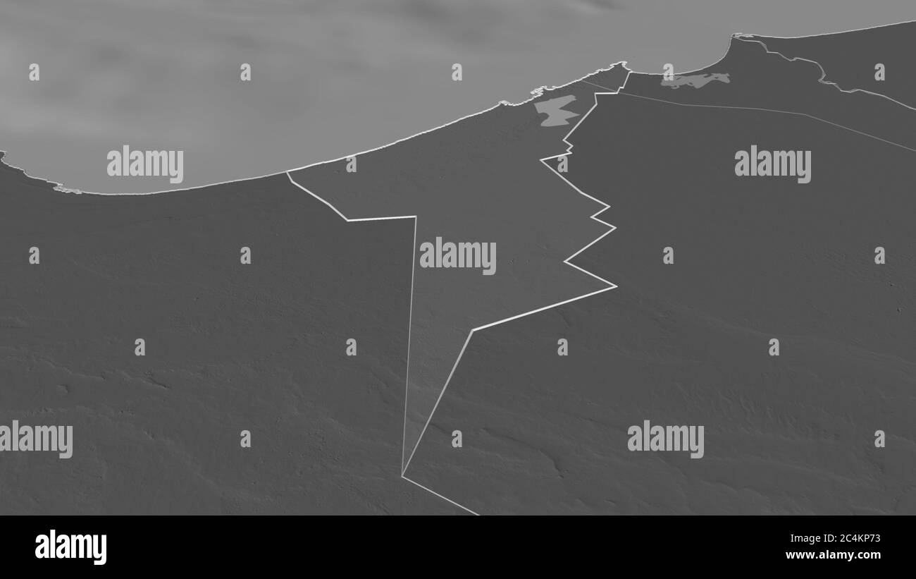 Ingrandisci al Iskandariyah (governatorato d'Egitto) delineato. Prospettiva obliqua. Mappa di elevazione bilivello con acque di superficie. Rendering 3D Foto Stock