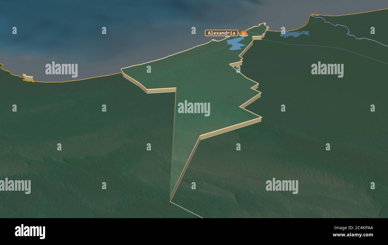 Ingrandisci al Iskandariyah (governatorato d'Egitto) estruso. Prospettiva obliqua. Mappa topografica dei rilievi con acque superficiali. Rendering 3D Foto Stock