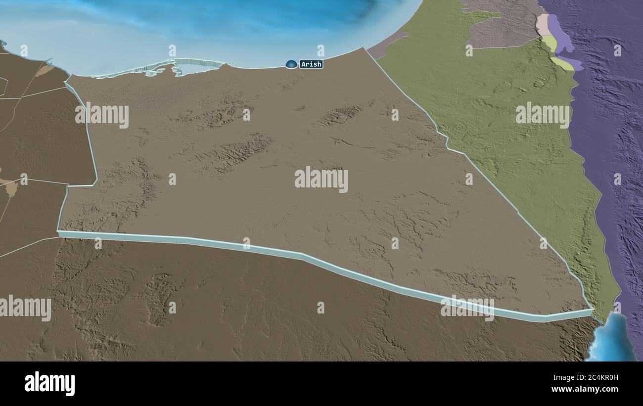 Ingrandisci Shamal Sina' (governatorato d'Egitto) estruso. Prospettiva obliqua. Mappa colorata e bombata della divisione amministrativa con acqua di superficie Foto Stock