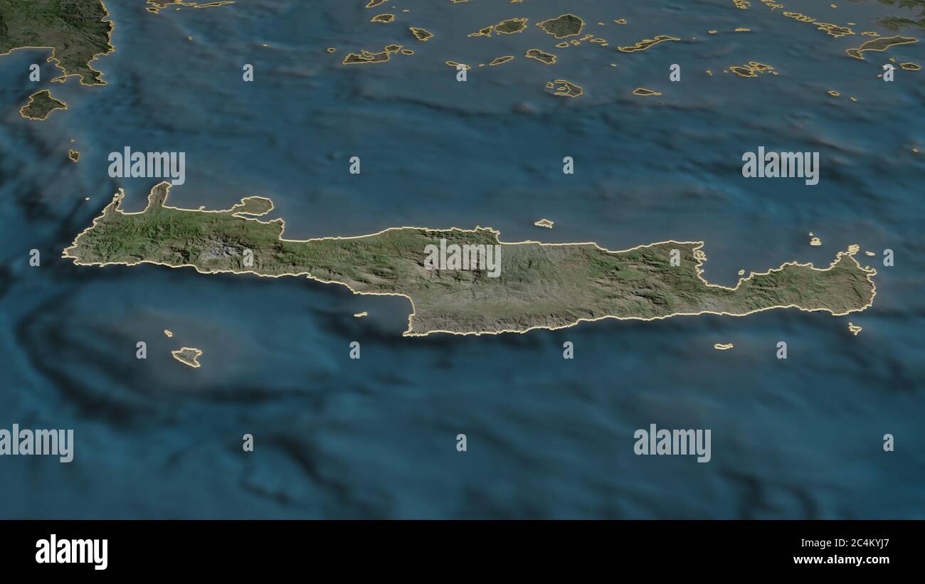 Zoom in su Creta (amministrazione decentrata della Grecia) delineato. Prospettiva obliqua. Immagini satellitari. Rendering 3D Foto Stock