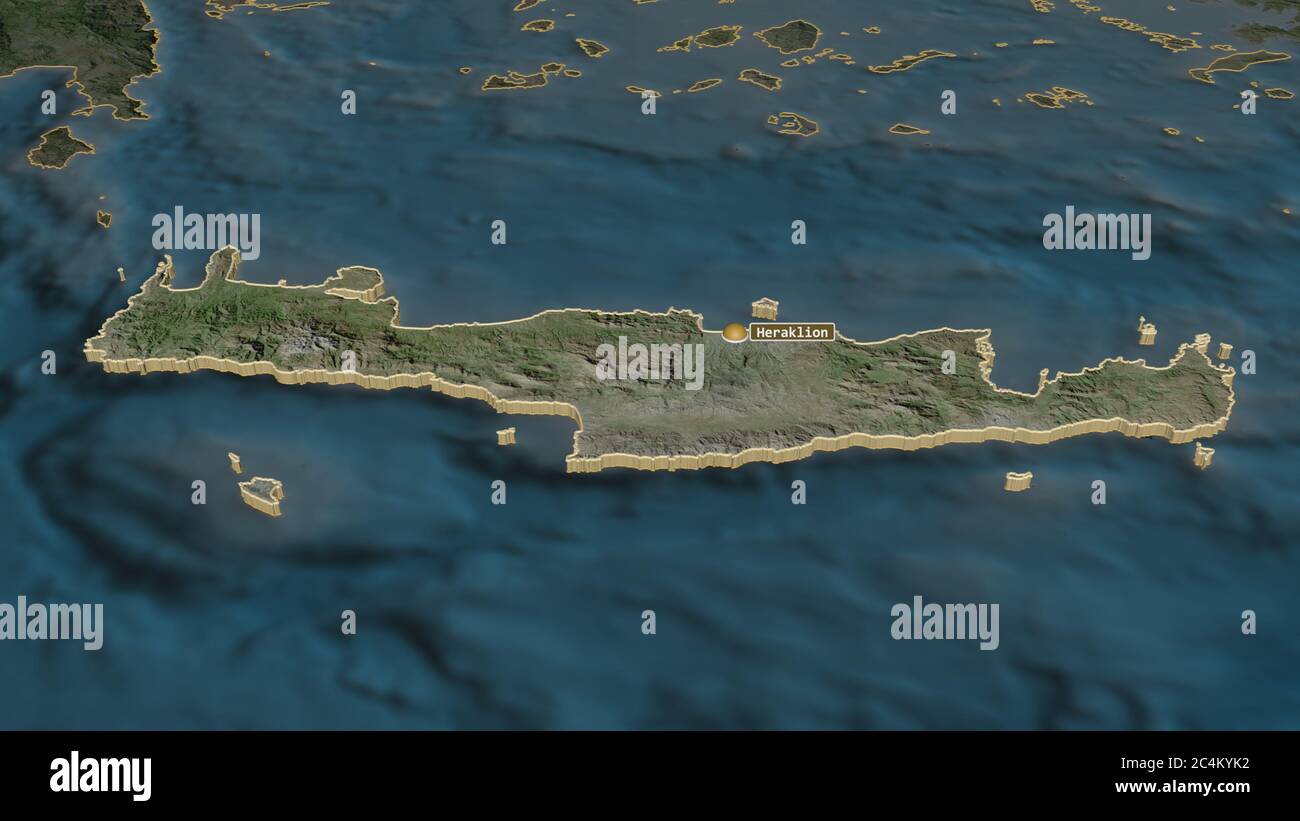 Ingrandisci Creta (amministrazione decentrata della Grecia) estrusa. Prospettiva obliqua. Immagini satellitari. Rendering 3D Foto Stock