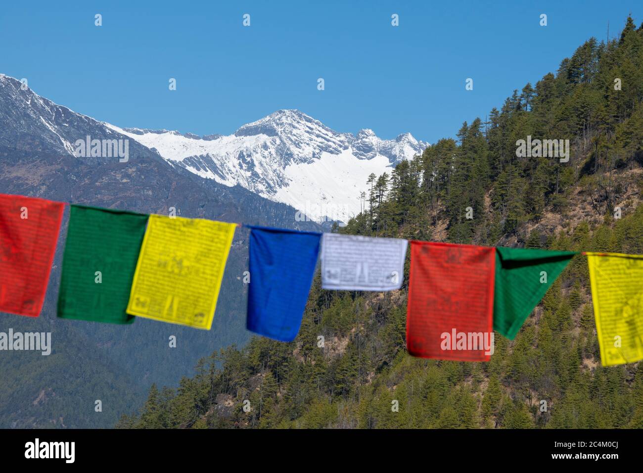 Bhutan, Paro. Bandiere di preghiera colorate lungo il sentiero per il monastero di Tiger's Nest. Vista innevata dell'Himalaya. Foto Stock