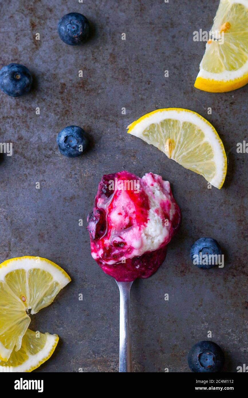 Yogurt surgelato al limone con salsa di mirtillo Foto Stock