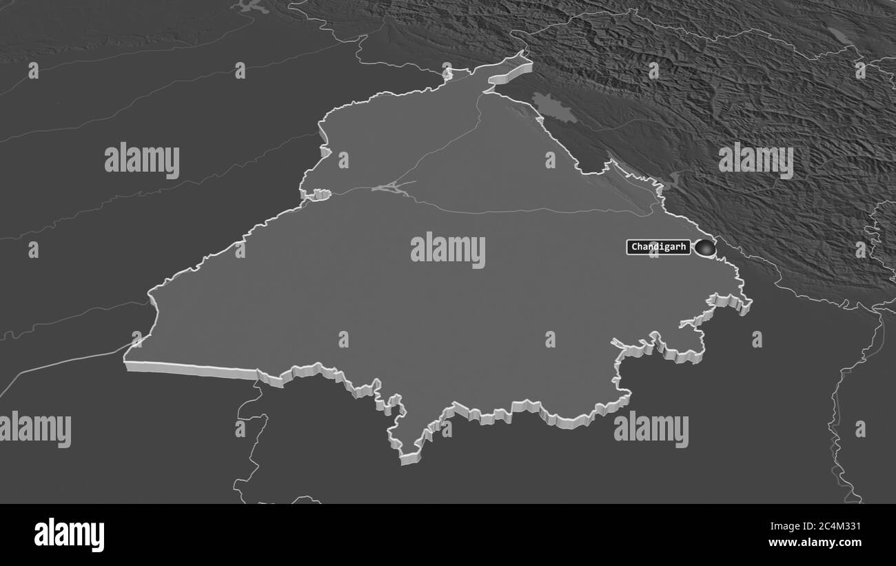 Zoom avanti su Punjab (stato dell'India) estruso. Prospettiva obliqua. Mappa di elevazione bilivello con acque di superficie. Rendering 3D Foto Stock