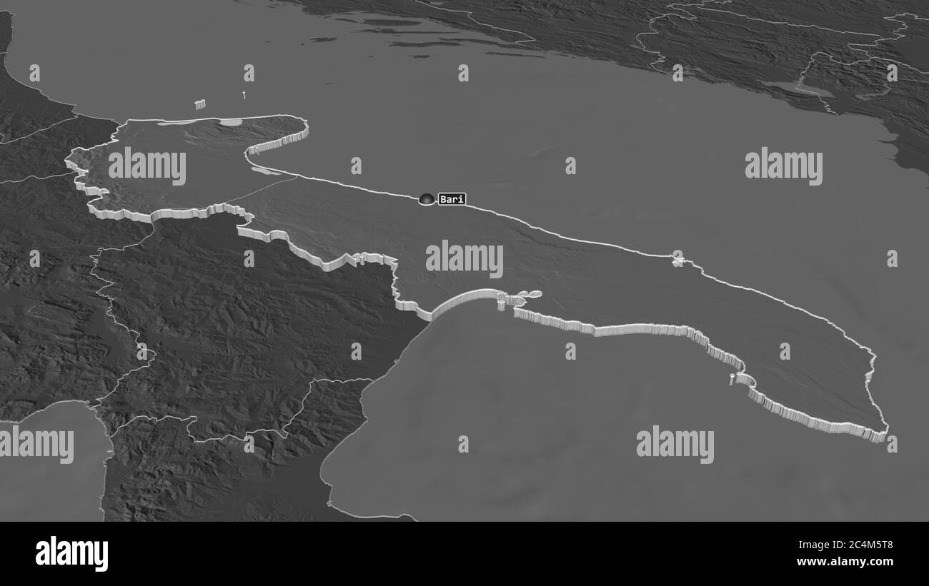 Ingrandisci la cartina di Puglia (regione Italia) estrusa. Prospettiva obliqua. Mappa di elevazione bilivello con acque di superficie. Rendering 3D Foto Stock